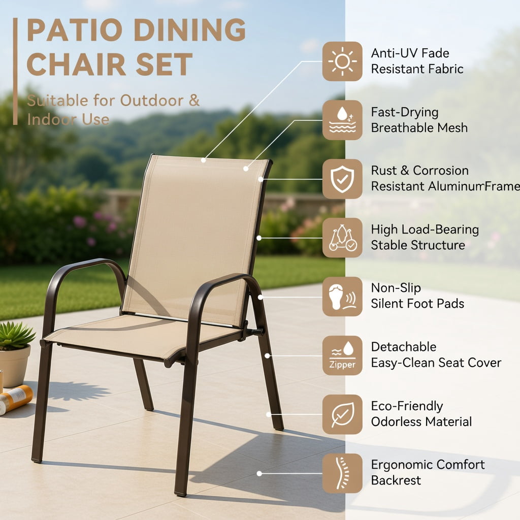 Hommoo 2-Pack Outdoor Patio Dining Chairs with Armrests, Heavy-Duty Steel Frame, Breathable Fabric, Stackable & Easy Assembly for Deck, Pool, Garden & Balcony, Beige