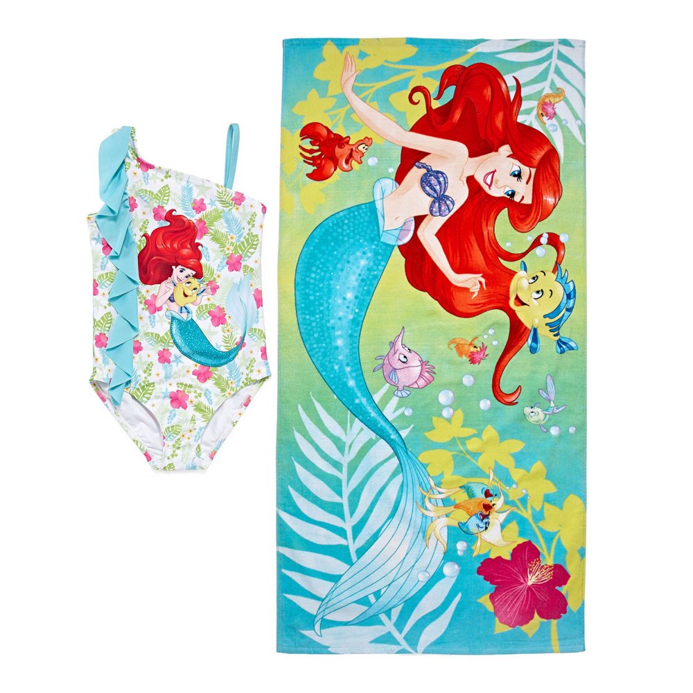 Ariel The Little Mermaid Little Girls' Swimsuit & Beach Towel Bundle
