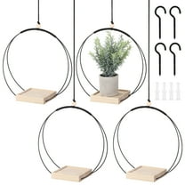 4 PCS Plant Hanger with Wooden Base, Circle Metal Hanging Planter with Wood Support for Small Pots, Indoor Ceiling Macrame Plant Holders with Hooks for Room Balcony Garden