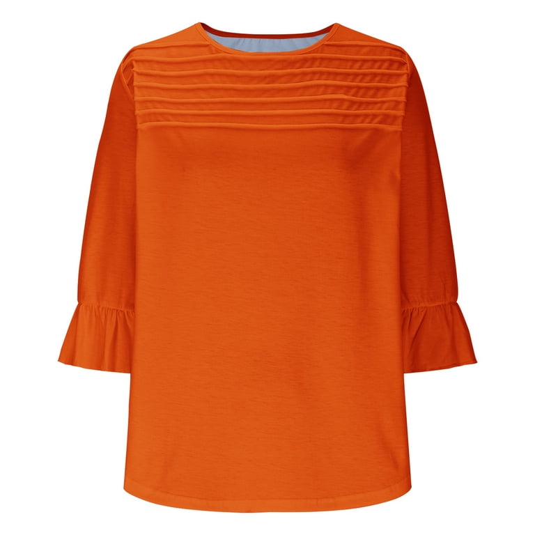 cute dress shirts for juniors BSDJILFG Juniors 3/4 Sleeve Shirts Cute Ruffle Slim Fit Pleated Front  Breathable Crewneck Tops