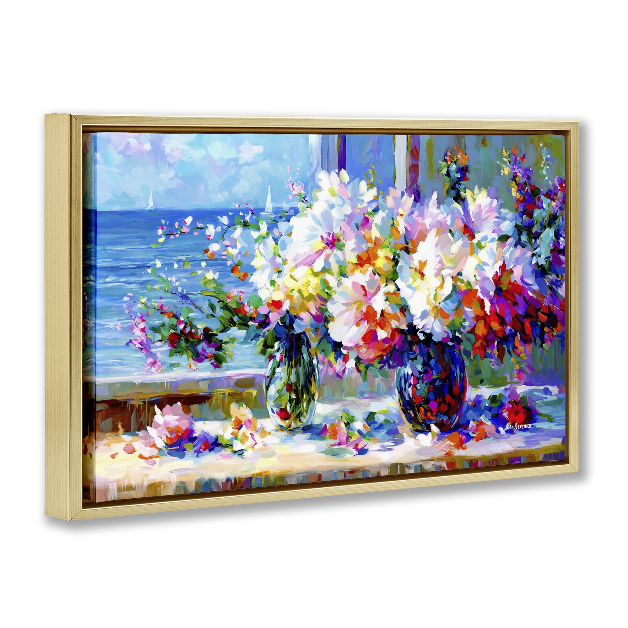 Stupell Industries Blossoms By The Sea Botanical & Floral Painting Gold Floater Framed Art Print Wall Art, 25 x 17