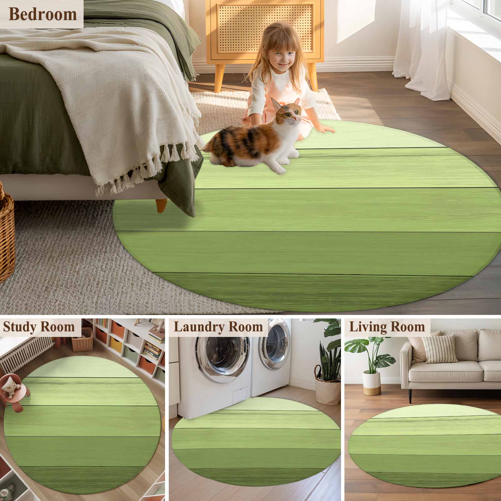 Round Area Rug 5 Ft, Green Wood Grain Washable Non-Slip Circle Carpet for Living Room/Bedroom, Ombre Rustic Retro Wooden Plank Low-Profile Runner Mats Collection Rugs for Indoor