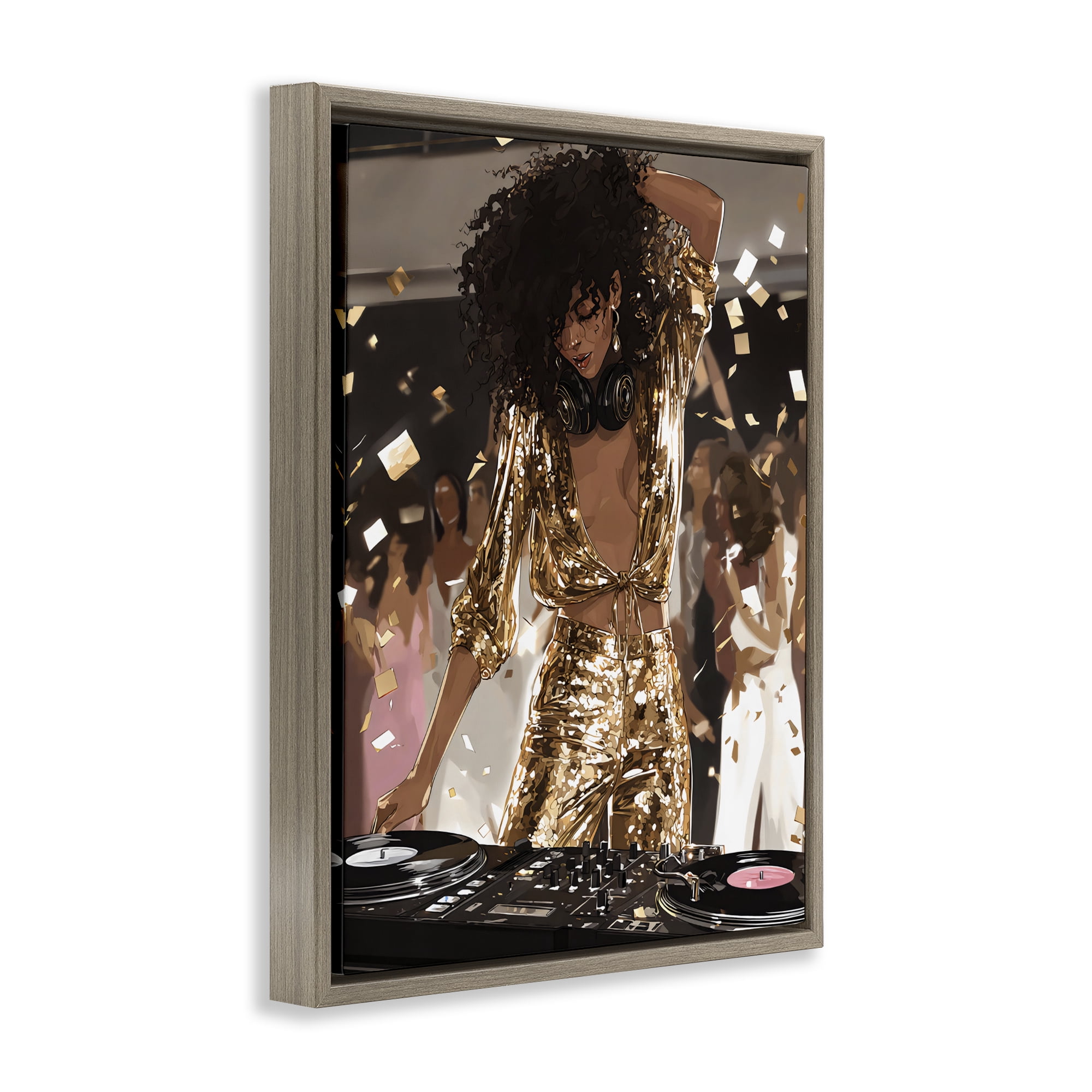 Stupell Industries Shimmering DJ in Sequins Brown Framed Floater Canvas Wall Art, design by Franklyn Gregory