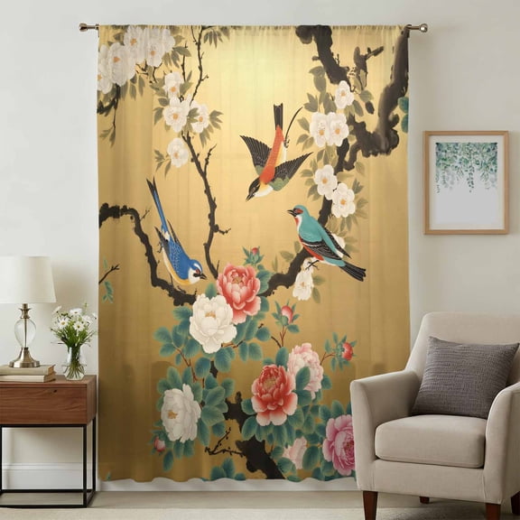 Vintage Spring Floral Sheer Curtains 72 Inches Long, Retro Birds Flowers Light Filering Curtains, Breathable Simi Curtain Privacy Drapes for Living Room Bedroom Lightweight Window Treatment