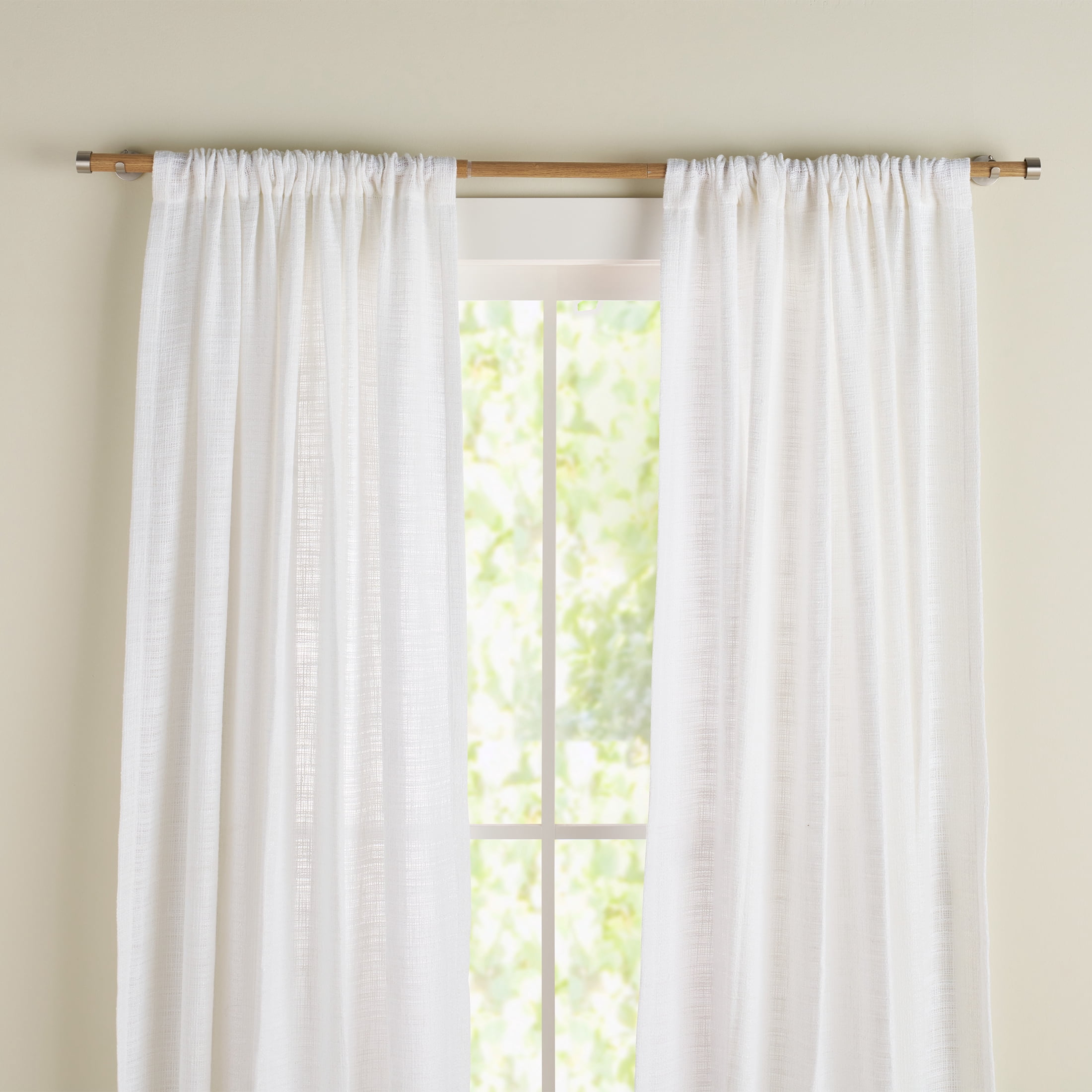 Better Homes & Gardens 1 in Light Honey Wood and Satin Nickel Endcap Adjustable Single Curtain Rod Set, 32 in-120 in
