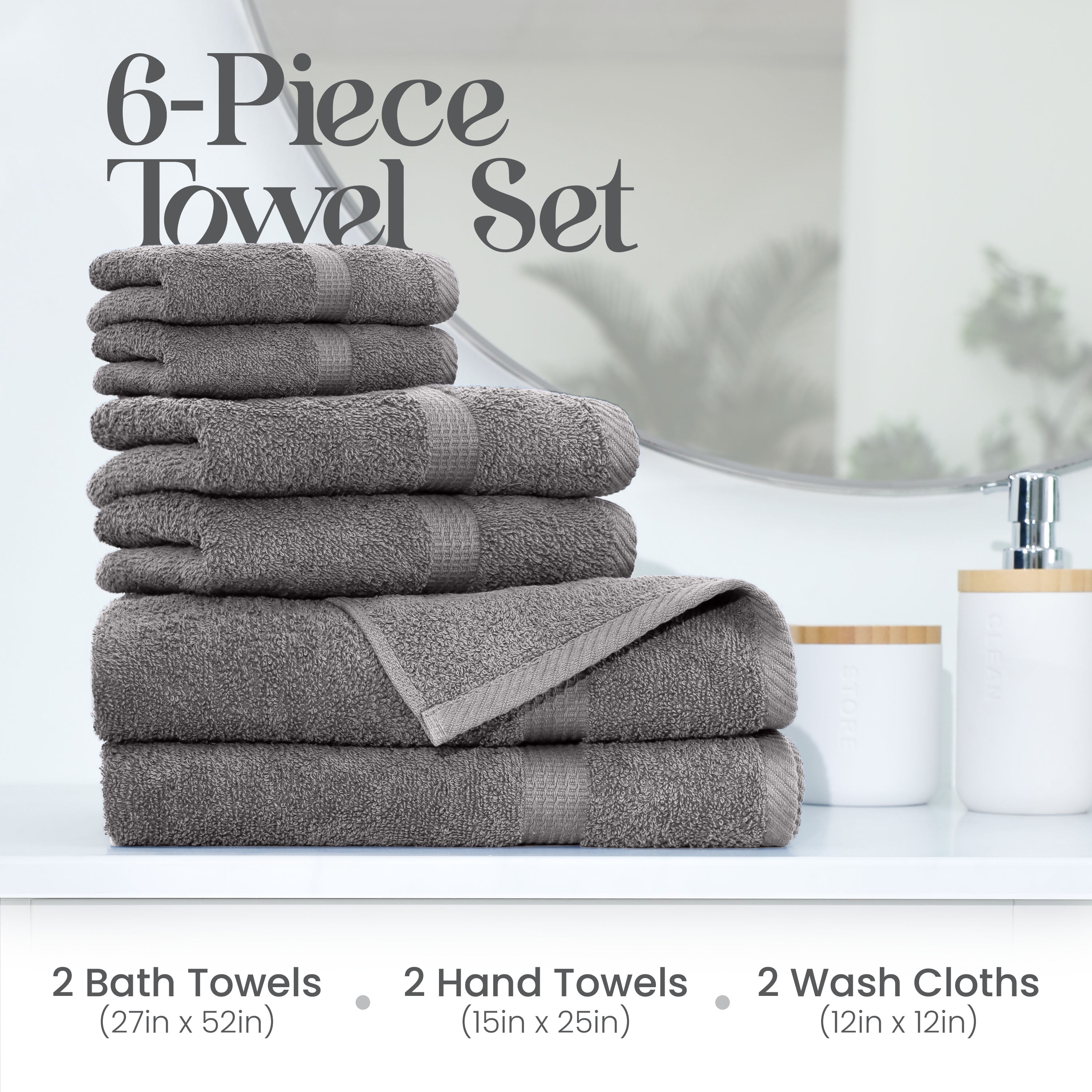 Utica 6-Piece Towel Set | 100% Cotton Soft & Absorbent Everyday Towels | Grey