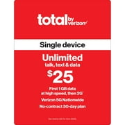 Total by Verizon $25 Unlimited Tak & Text Single Device 30-Day Prepaid Plan (1GB at High Speed) e-PIN Top Up (Email Delivery)