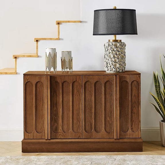 45" Mid-Century Modern Sideboard Buffet Cabinet with Fluted Doors,Credenza Storage Cabinet with Solid Wood Veneer,Seamless Base Accent Cabinet
