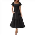 thumbnail image 2 of Vestido Veraniego Midi Bohemio de Corte A con Escote Cuadrado y Mangas Abullonadas para Mujer, con Bolsillos, Holgado, con , Color Negro, Talla S, 2 of 8