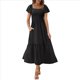 thumbnail image 2 of Vestido Midi de Verano para Mujer, con Escote Cuadrado, Mangas Abullonadas, Estilo Bohemio, Fruncido, Fluido, con y Bolsillos, Color Negro, Talla M, 2 of 8