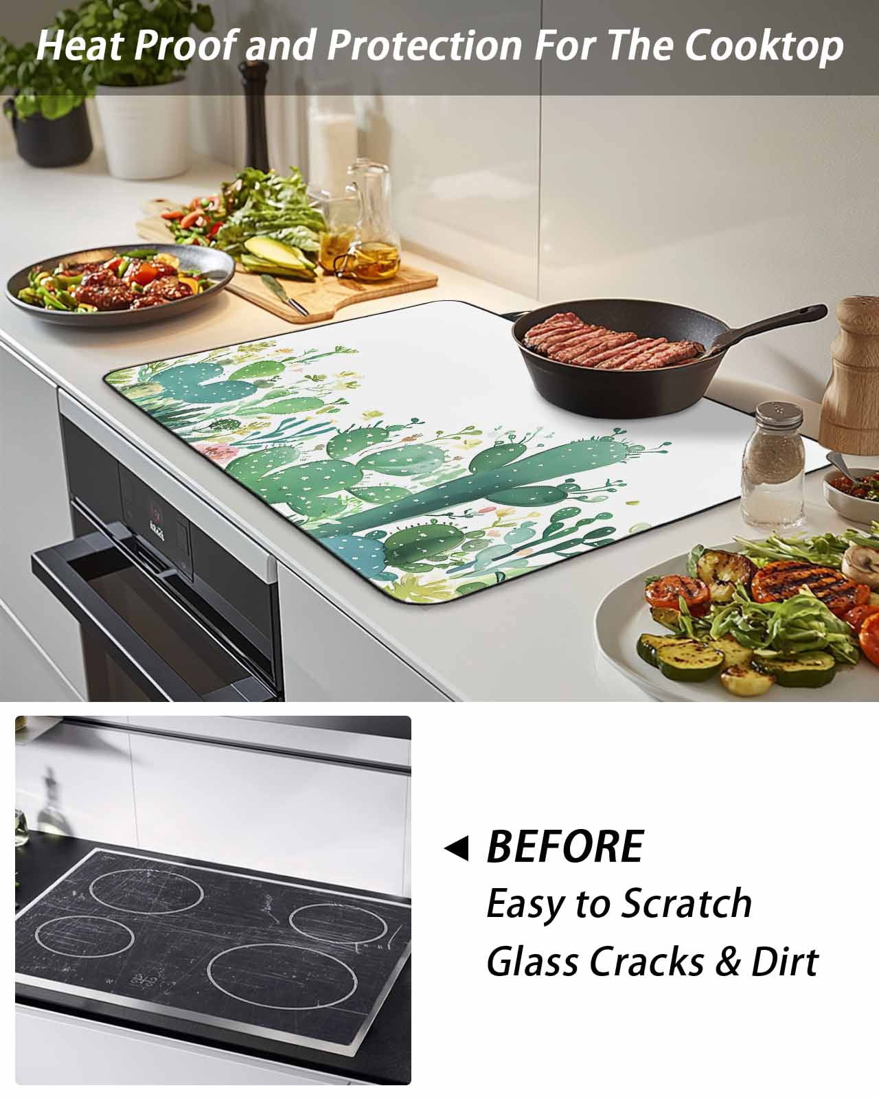 Stove Top Covers for Electric Stove 24x21 Inches, Tropical Cactus Heat Insulation Fireproof Glass Cooktop Protector, Summer Green Botanical Multipurpose Countertop Stovetop Cover for Kitchen