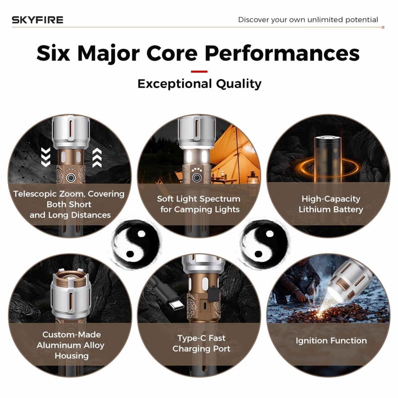SKYFIRE New Model Flashlight - High Brightness - Rechargeable - Outdoor Flashlight - Extremely Bright, with five modes, equipped with a focusing lens and various complimentary items.