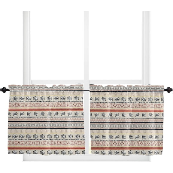 Boho Indian Kitchen Curtain 2 Panels Tiers Curtains, Southwest African Traditional Geometric Stripes Curtains Rod Pocket Curtains Window Drapes Treatment Window Cafe Curtains 27.5x36