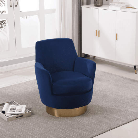 Teddy Swivel Barrel Chair, Swivel Accent Chairs Armchair for Living Room, Reading Chairs for Bedroom Comfy, Round Barrel Chairs with Gold Stainless Steel Base (Navy)