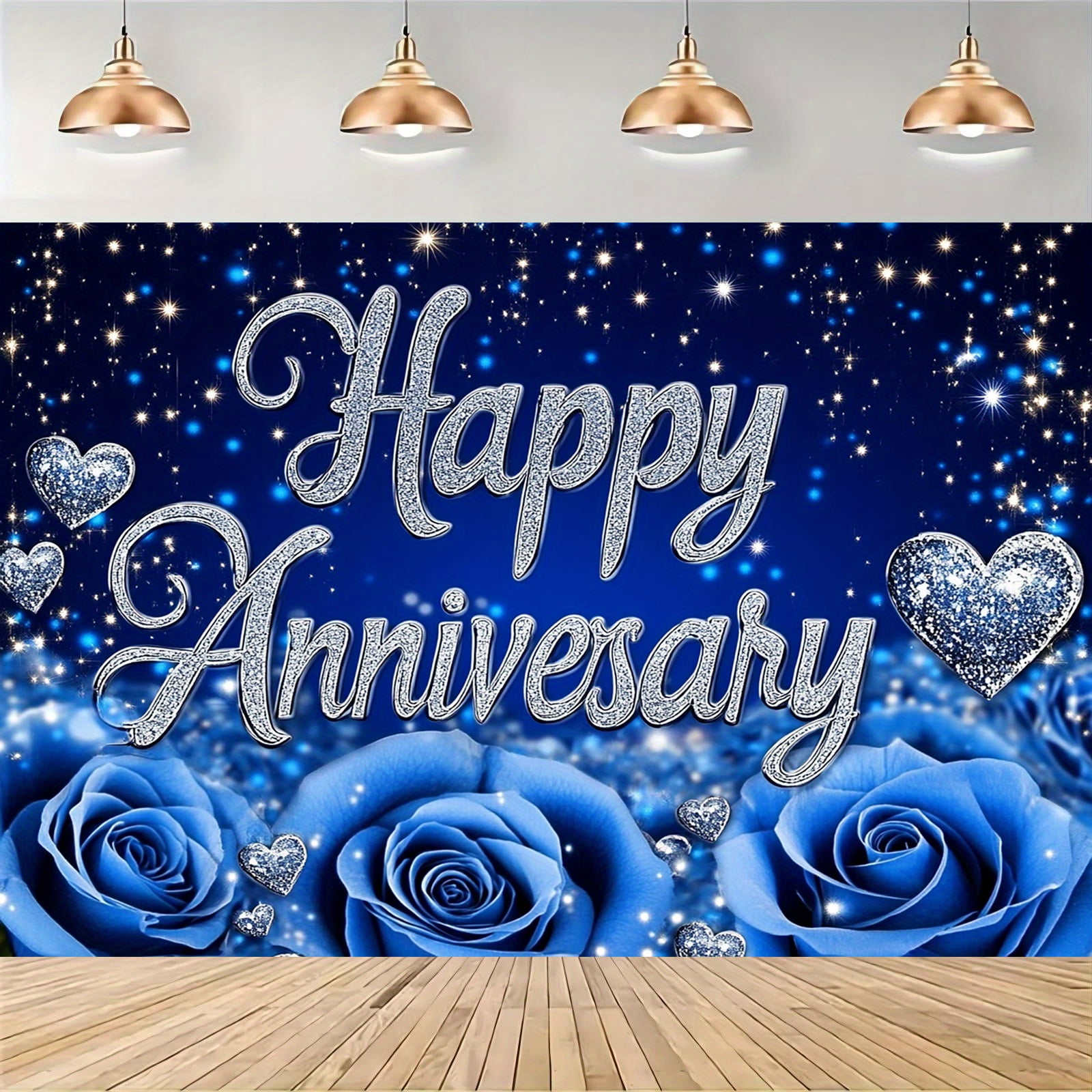 Happy Anniversary Backdrop Wedding Together Anniversary Party Decoration Blue Rose Floral Silver Glitter Heart Background Wedding Couple Love Party Supplies