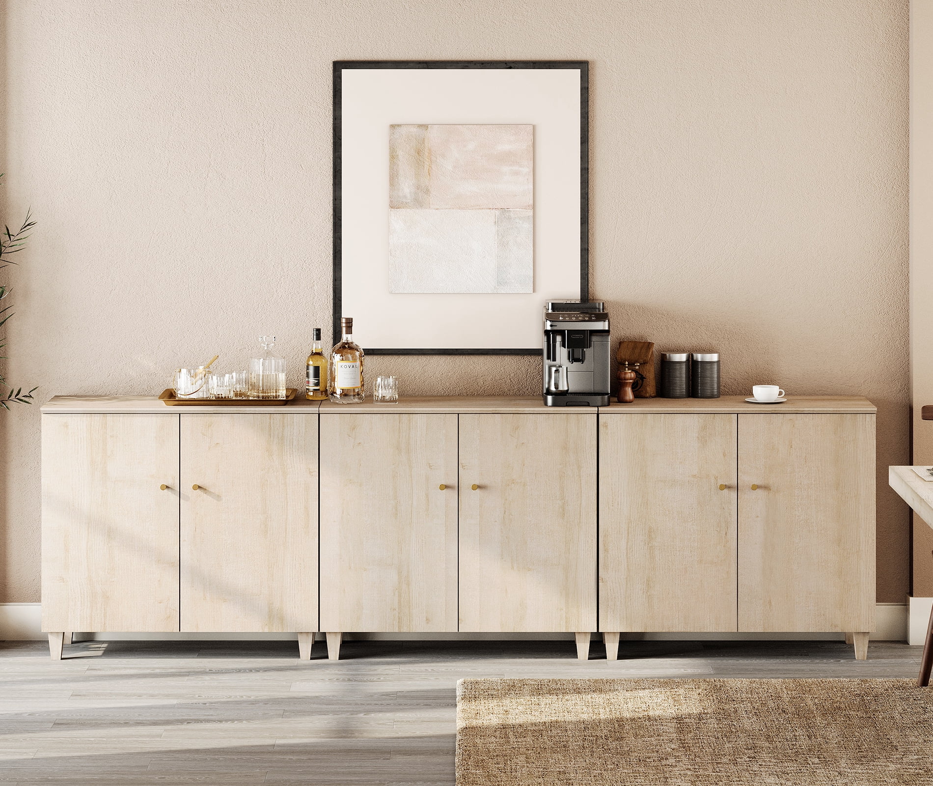 Sideboard Buffet Cabinet with 9 Compartments, 106" Wide, Light Oak Wood Finish