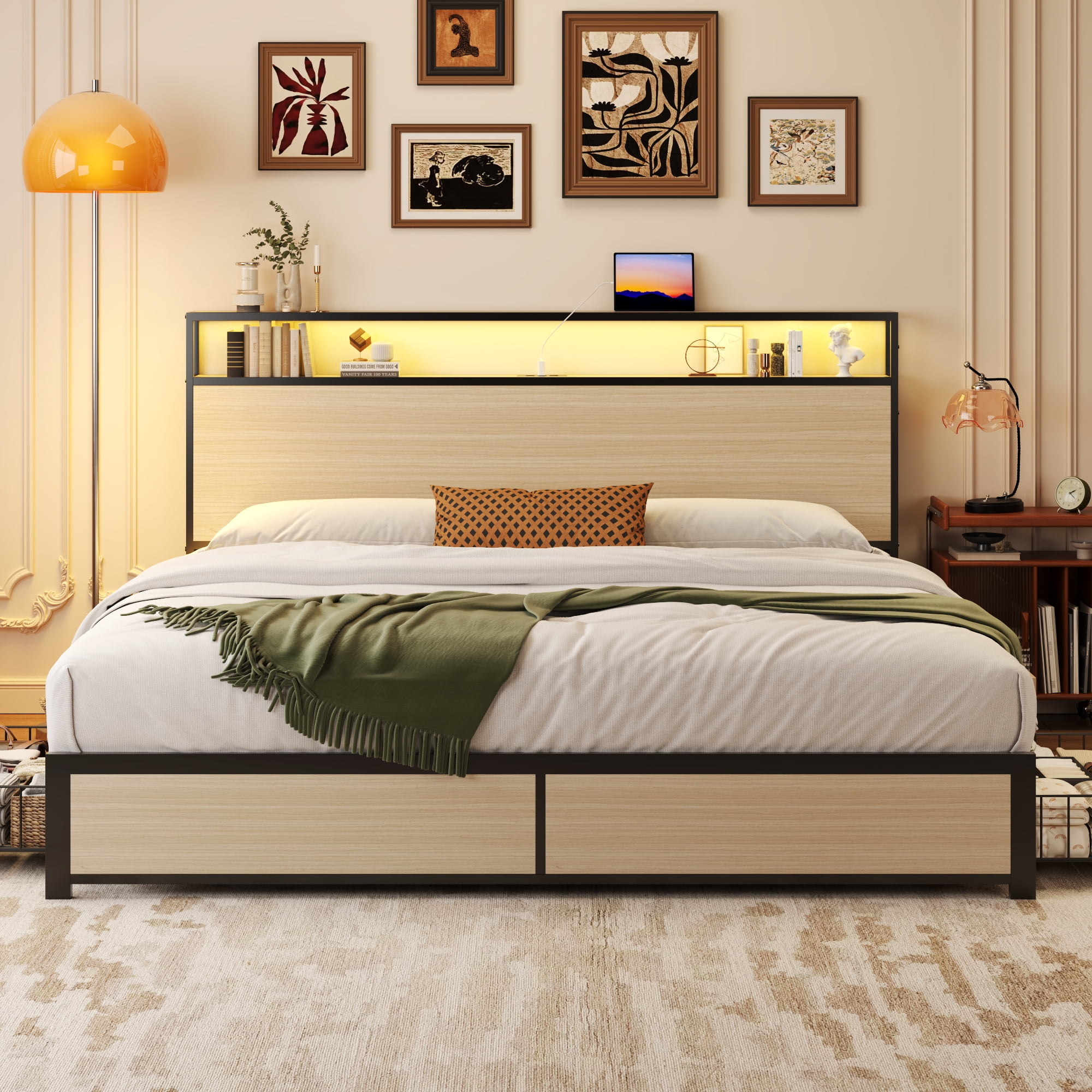 Fluest King Bed Frame with 2-Tier Storage Headboard, USB Port and LED Light, 4 Storage Drawers, Beige