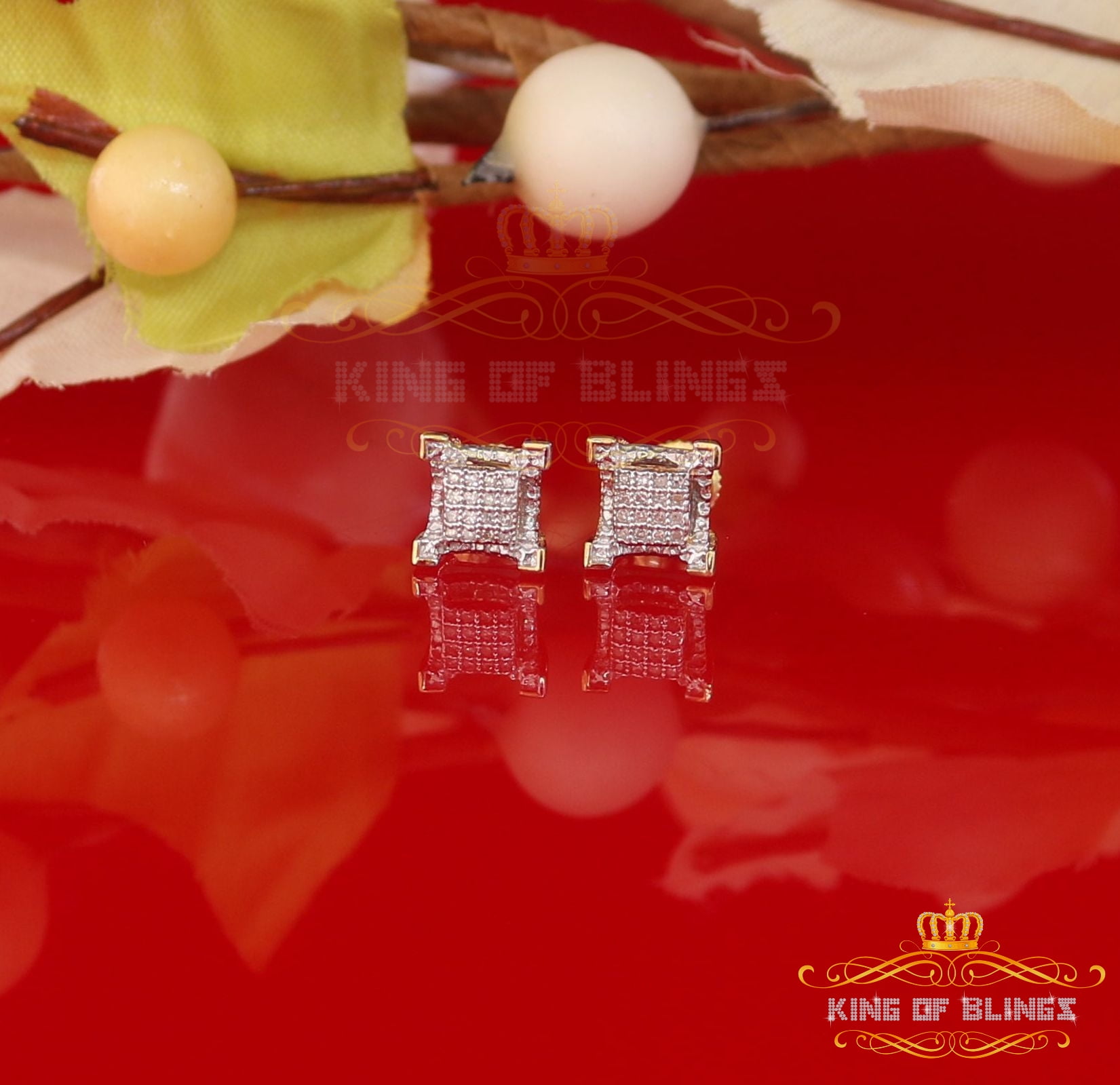 King of Bling's 10K Real Yellow Gold with 0.10CT Real Diamonds Men's /Womens stud Square Earring