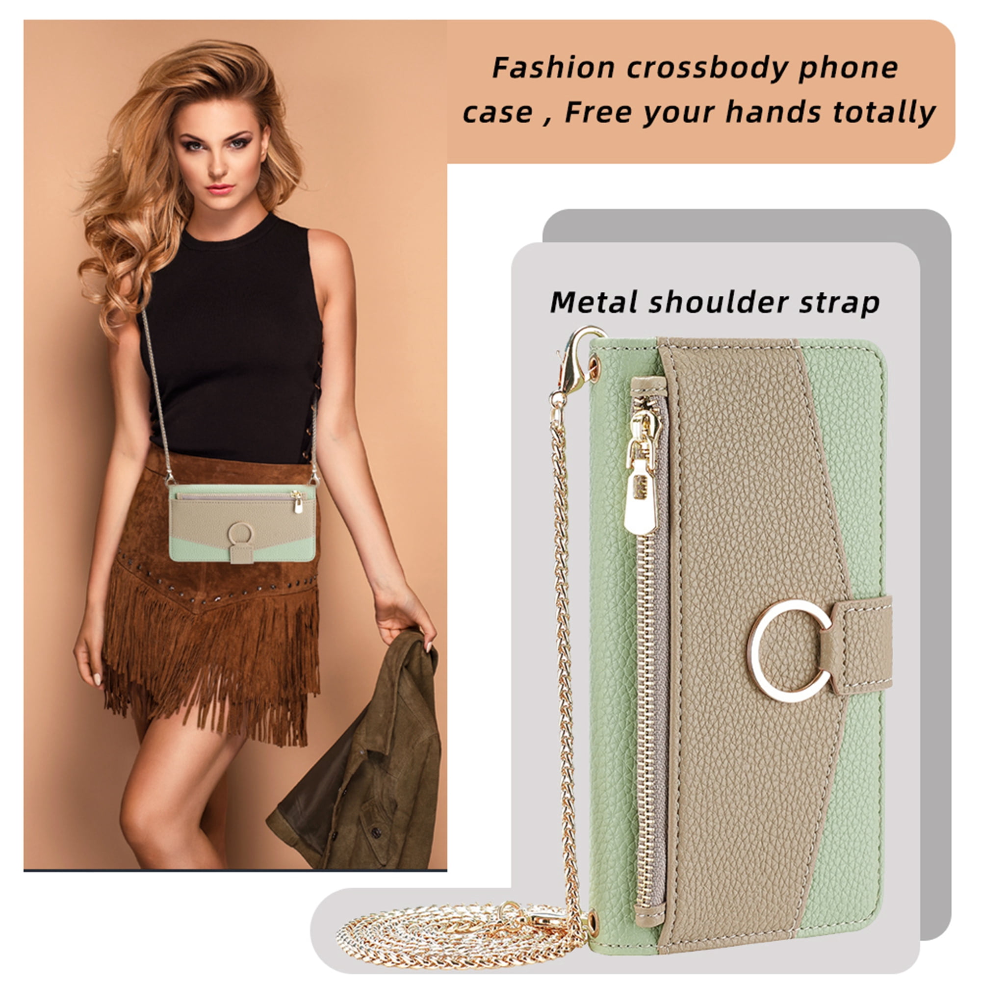 Dteck Crossbody Wallet Case for Samsung Galaxy A35 5G, Bicolor PU Leather Zipper Purse with Card Holder Mini Make-up Mirror for Women Girls,Folio Flip Phone Case with Magnetic Closure,Green