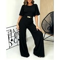 thumbnail image 3 of CHICME Jumpsuits for Women Crew Neck Short Sleeve Waist Metal Decor Wide Leg Dressy Casual Womens Jumpsuit with Pockets Black-L, 3 of 9
