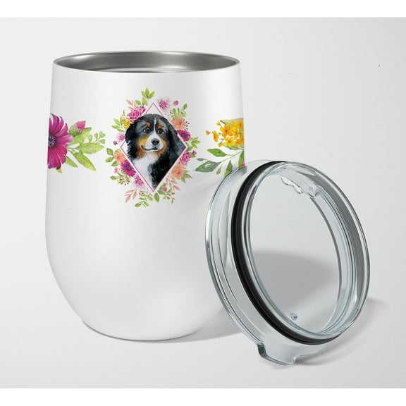 Carolines Treasures CK4118TBL12 Bernese Mountain Dog Pink Flowers Stainless Steel 12 oz Stemless Wine Glass 12 oz