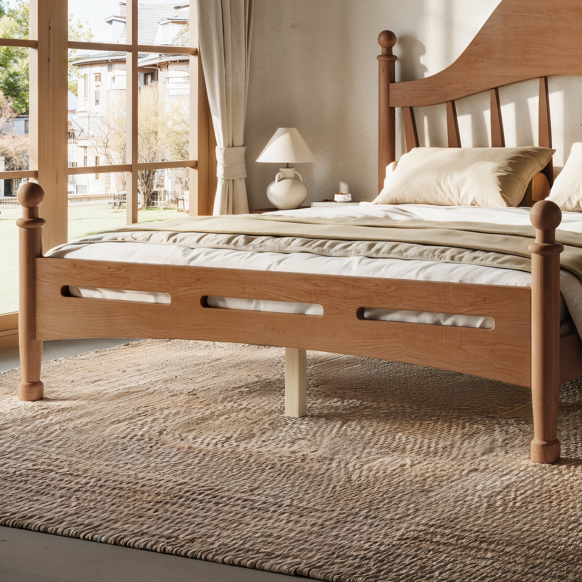 Leumius Full Size Platform Bed with Chic Headboard, Solid Wood Bed Frame with Slatted Support, Low to Ground Design for Bedroom Brown