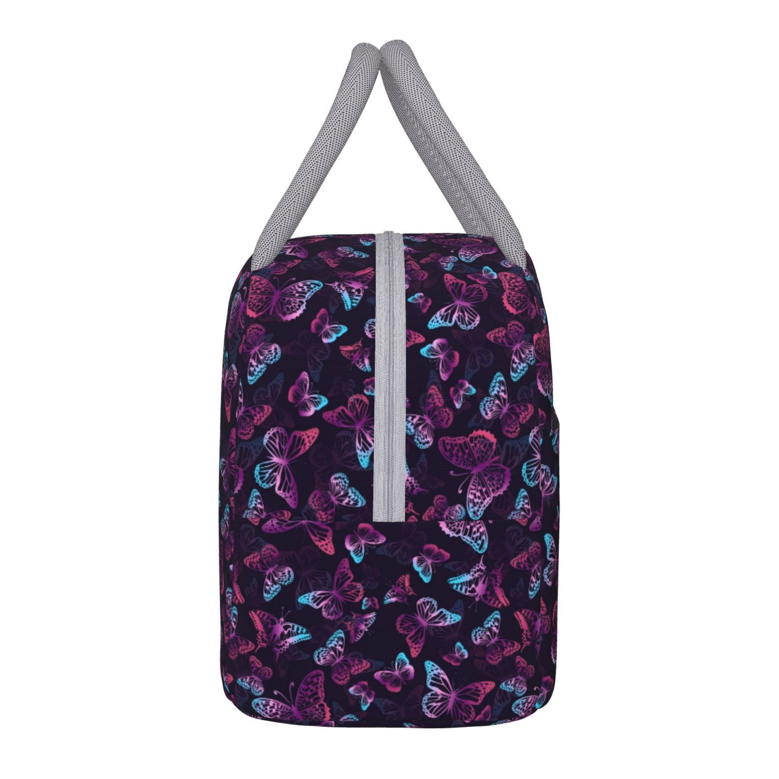 Horeoi Purple Butterfly Pattern Large Insulated Lunch Bag for Work, School, Picnic - Waterproof, Durable Oxford Cloth, Comfortable Handle-Light Grey