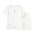 thumbnail image 3 of YanHoo Men's 2 Piece Cotton Linen Sets Big & Tall Summer Beach Outfits Casual Short Sleeve Henley Shirts and Drawstring Vacation Shorts White,XXXXXL, 3 of 6