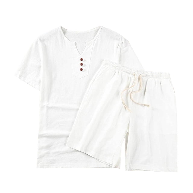 Mens Botón de la Camisa de Algodón-Lino de Color Sólido de Bolsillo con Cordón Pantalones Cortos Conjunto, Manga Corta V-Cuello Blusa para el Verano