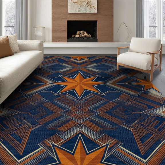 ODIKA 8'x10' Washable Area Rug Star Emblem With Vintage Sports Pennant Border Design Refined for King Size Bedroom Under Bed, Master Suite, Non-Shedding, Easy Care