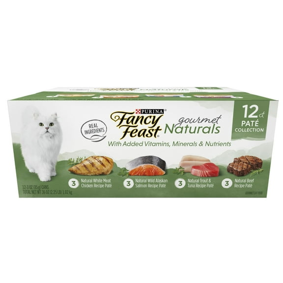 Purina Fancy Feast Wet Cat Food Pate Variety Pack Gourmet Naturals–Beef, Chicken, Salmon, Trout and Tuna, 12 Pack, 3 oz Cans