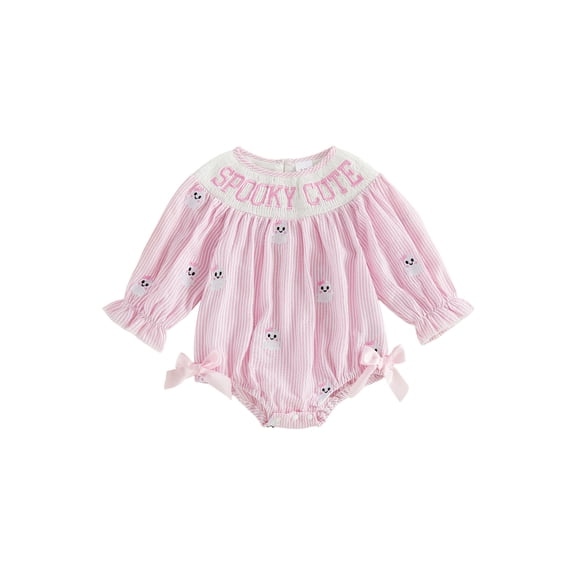 RUINIXCW Newborn Baby Girl Halloween Outfit Smocked Bubble Romper Infant Baby Fall Clothes Ghost Embroidery Side Bow Pink Striped Long Sleeve Bodysuit