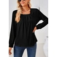 thumbnail image 3 of Solid Color Square Neck Pleated Detail Long Sleeve Blouse for Women Black Small, 3 of 5