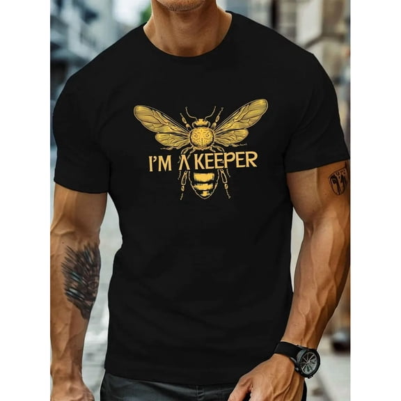 100% cotton tshirts men tee I'M A KEEPER Bee Graphic Tee Men's Casual Crew Neck T-Shirt - Black with Yellow Bee & Text Print