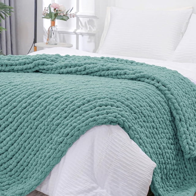 Chunky Knit Blanket Throw x Hand Knitted Chenille Throw Blanket Small Soft Thick Yarn Cable Knit Blanket Cute Rope Knot Crochet Throw Blankets for Couch Bed Sofa (Light )