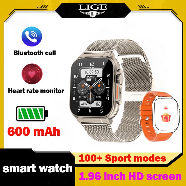 LIGE Call Smart Watch Hombres 1.96 Pulgadas Full Touch 600mAh Batería Reloj Deporte Impermeable Soporte Fitness Grabación Conectar Música Smartwatch