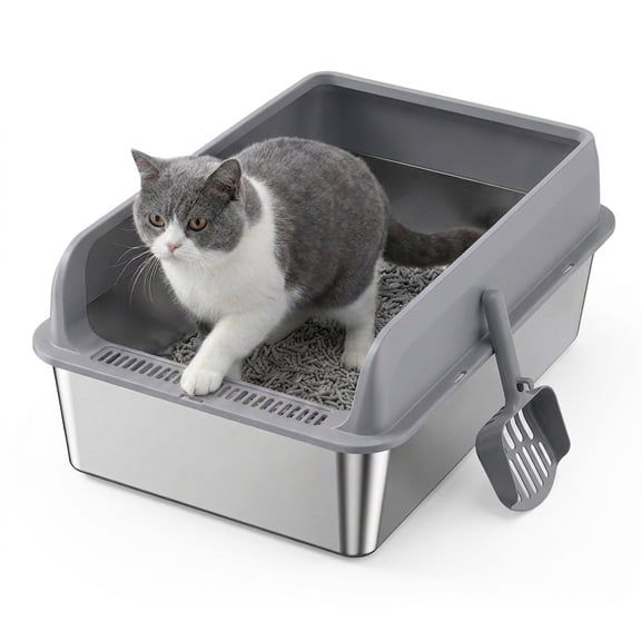 Acesvuit Stainless Steel Cat Litter Box, Odor-Free Litter Pan Includes Scoop, 23.6 x 15.7 x 9.8 inches, Gray