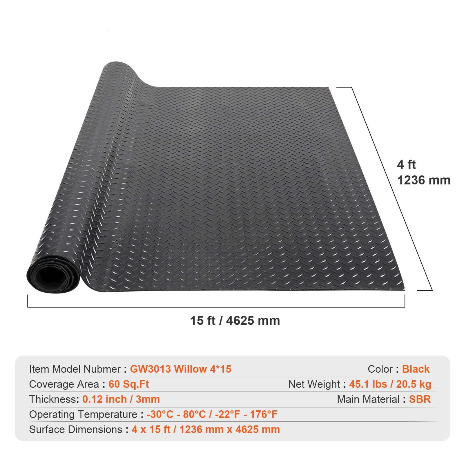 KFFKFF Diamond-Plate Rubber Flooring Roll 3mm x 4ft x 15ft Garage Floor Mat SBR