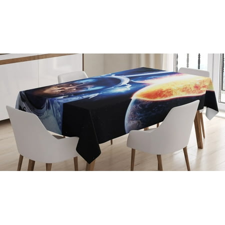 

Space Cat Tablecloth Kitten with Space Suit Planets Nebula Supernova Eclipse Artwork Rectangular Table Cover for Dining Room Kitchen 60 X 90 Inches White Orange and Dark Blue by Ambesonne