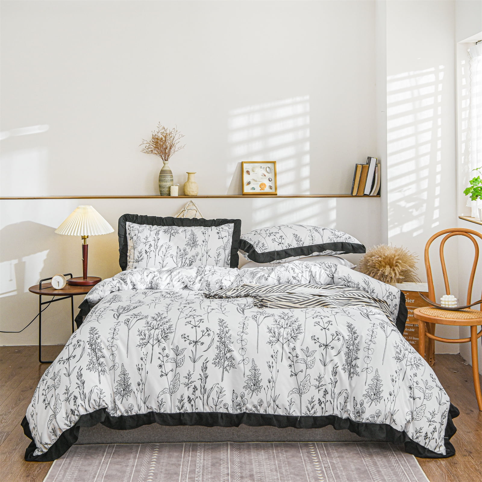 Move Over Plants Bedding Sets King White Black Floral Duvet Cover Black