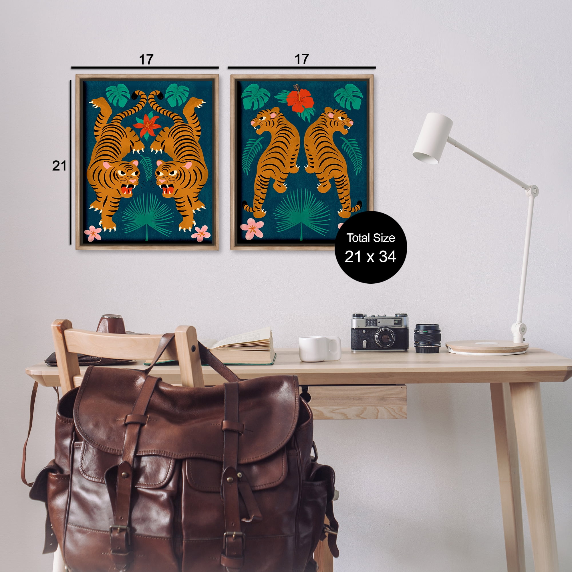 Stupell Industries Twin Jungle Tigers Animals Painting Brown Floater Framed Canvas Art Print Wall Art, 17 x 21, Set of 2
