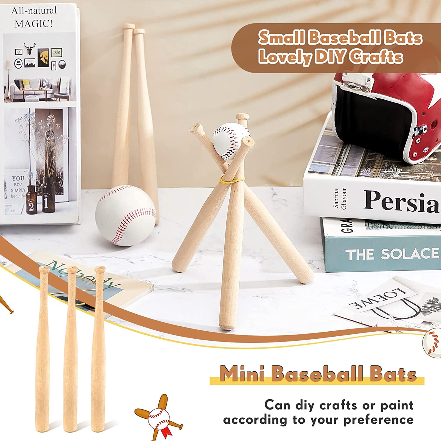 9 Pcs 8 Inches Unfinished Mini Baseball Bat Unpainted Small Wooden Bats for Painting Keychain Action Figures DIY Craft Projects Ball Sports Party Favors