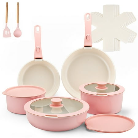 17 Piece Ceramic Pots and Pans Set Non Stick, Cookware Set with Detachable Handle, Dishwasher/Oven Safe, Induction Ready, Stackable RV Kitchen Cooking Set Removable Handles Pots Protectors