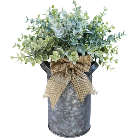 Set of 1 Farmhouse Faux Eucalyptus Arrangement Centerpiece Rustic Galvanized Metal Milk Can Vase Artificial Eucalyptus Bushes Greenery Plants for Wedding Kitchen Home Indoor Table Shelf Décor