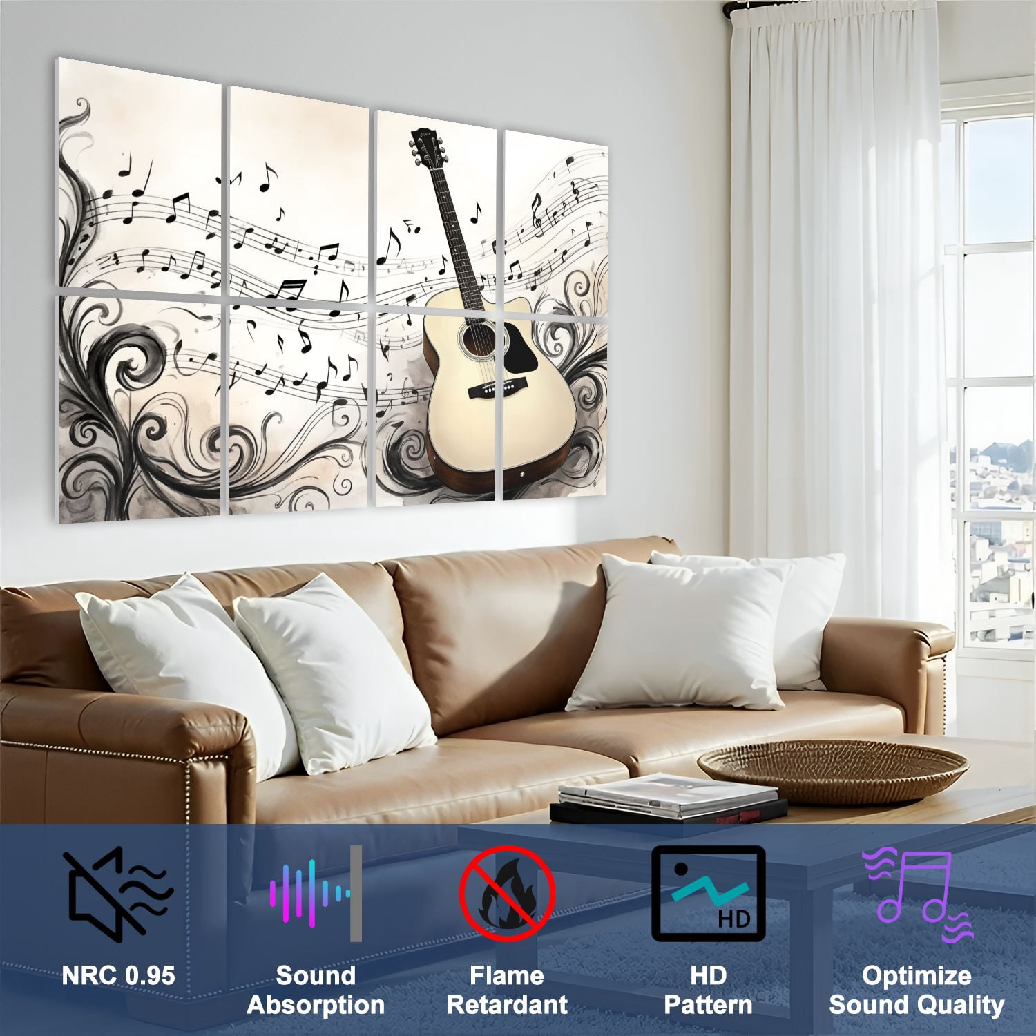 Musical 8 Pack Art Acoustic Panels Sound Absorbing Acoustic Guitar Flowing Musical Notes Abstract Swirls Decorative Soundproof Wall Panels Self Adhesive for Nursery Game Room Music Classroom 48"x32"