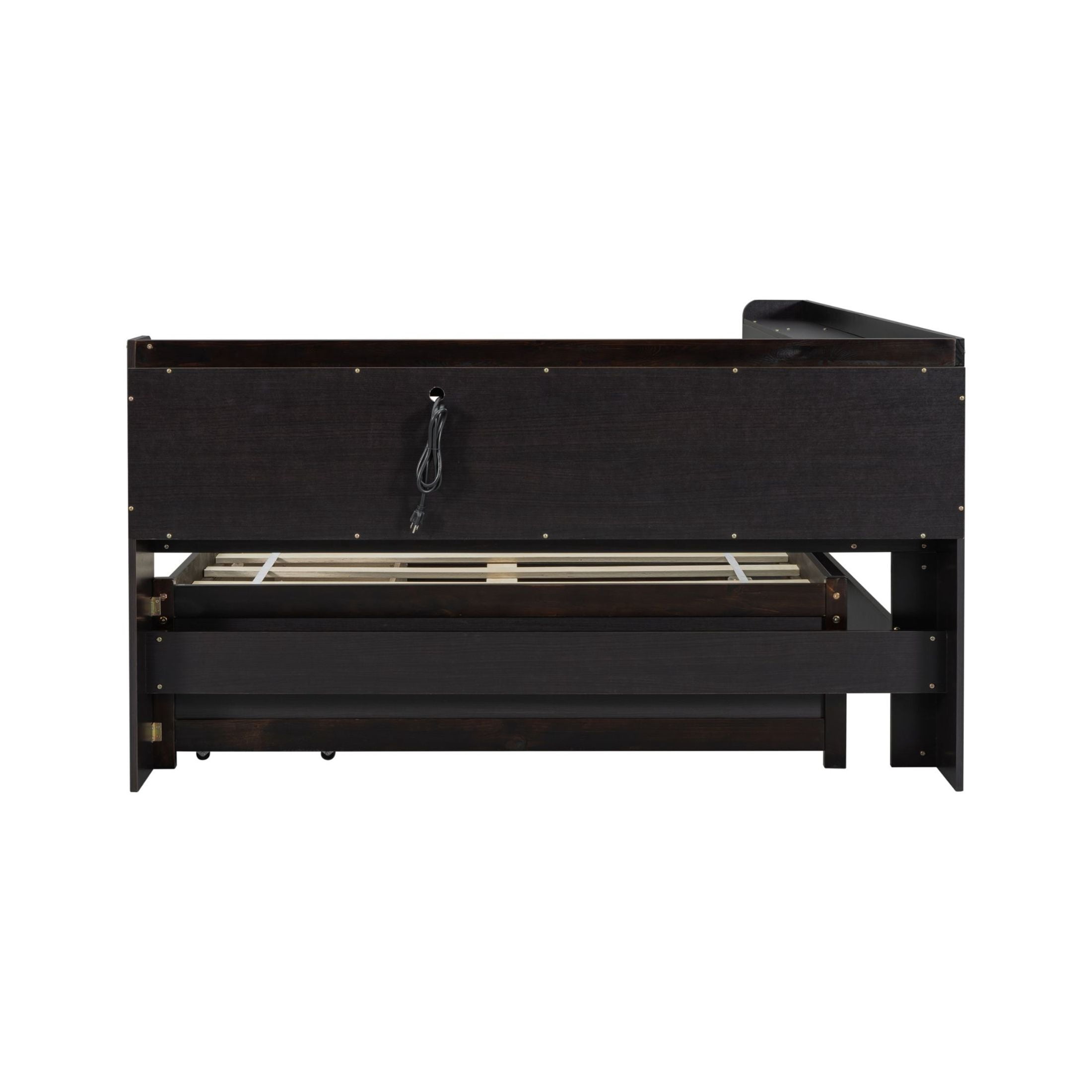 Noble House Full L-Shaped Bookcase Bed, Pine Wood Frame with Power Outlets, Storage Drawers & Headboard Shelves, Espresso