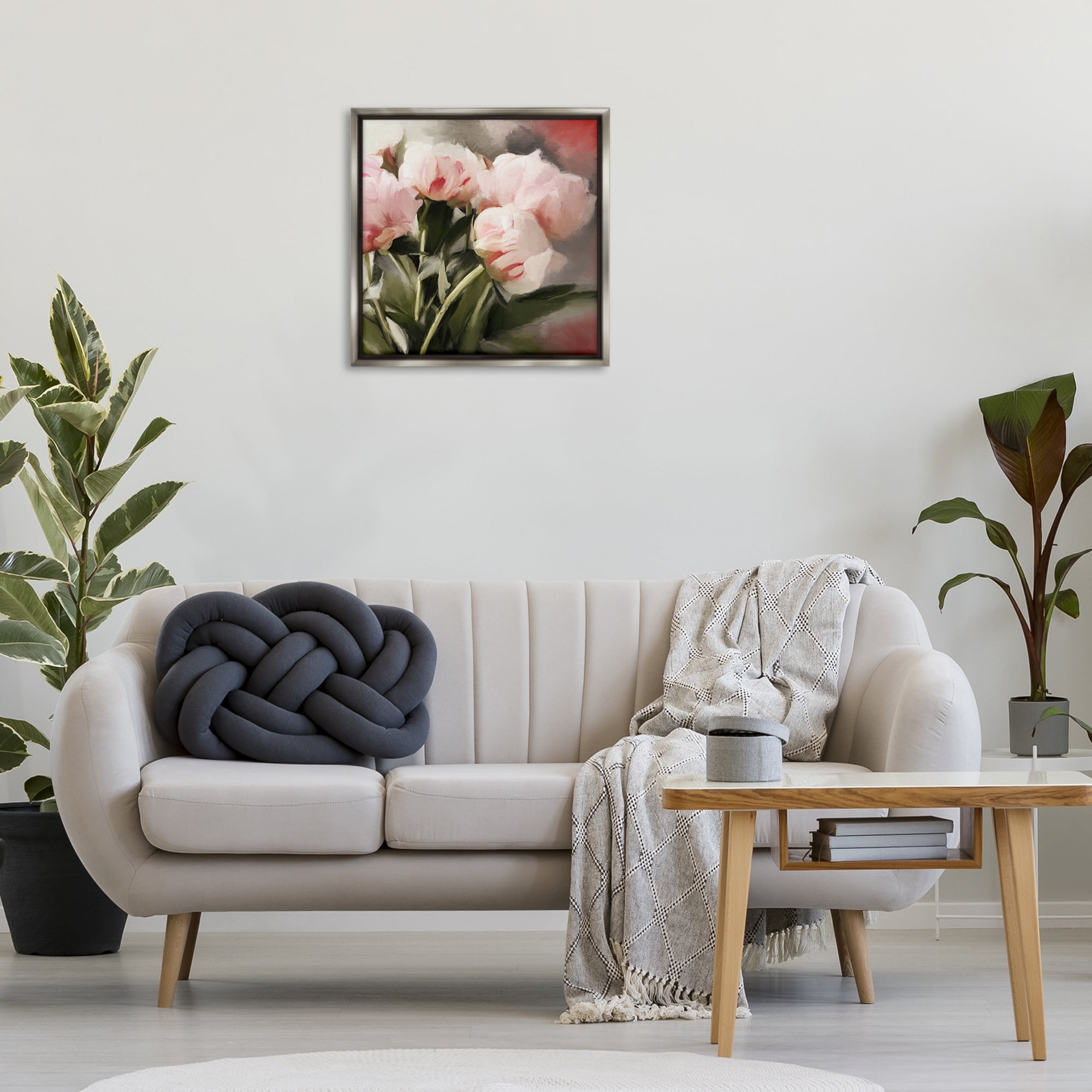 Stupell Industries Pink Floral Arrangement Botanical & Floral Painting Gray Floater Framed Art Print Wall Art, 25 x 25