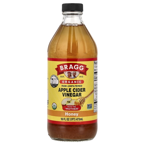 Bragg Organic Apple Cider Vinegar Honey with The Mother, Raw and Unfiltered, 16 fl oz