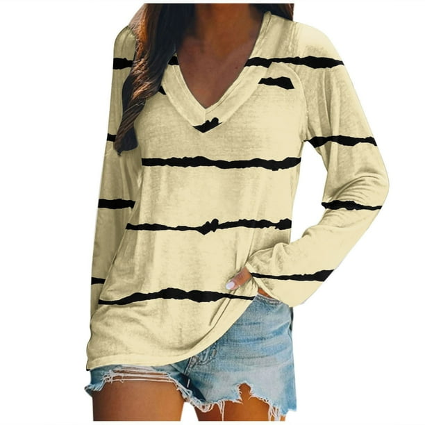 KIHOUT - Blusas casuales para mujer, liquidación 2024, moda clásica, estampado de rayas, cuello en V, blusas básicas holgadas, camisetas tipo jersey, camisetas tipo túnica de manga larga