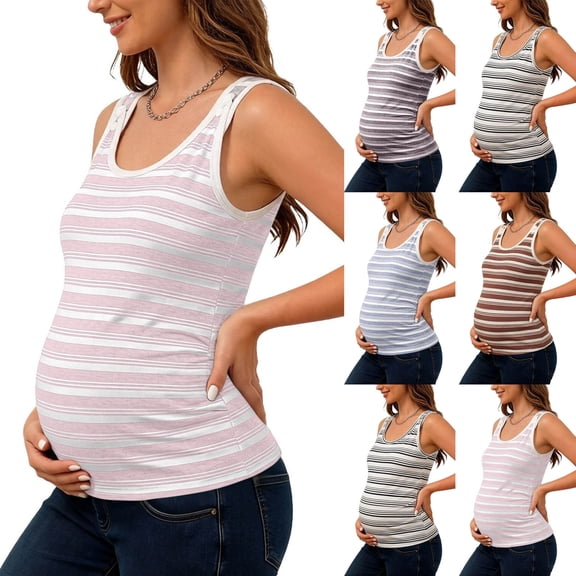 qolati Maternity Nursing Tank Tops with Built in Bra Women Sleeveless Casual Pregnancy Tee Ribbed Knit Crew Neck Workout Shirt Vest Beige L